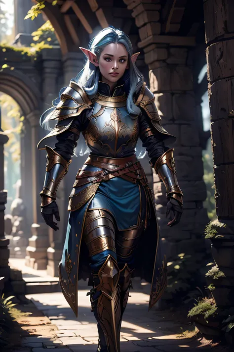 Elf Princess Felicia Silverwind, with dark blue balayage hair, pale skin, wearing black brigandine armor with gold details, with a light blue open skirt, walking on a magical blue sequoya forest at night