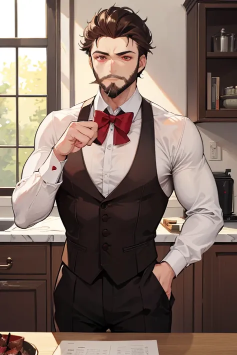 A muscular brown haired butler with red eyes beard is posing in the kitchen.