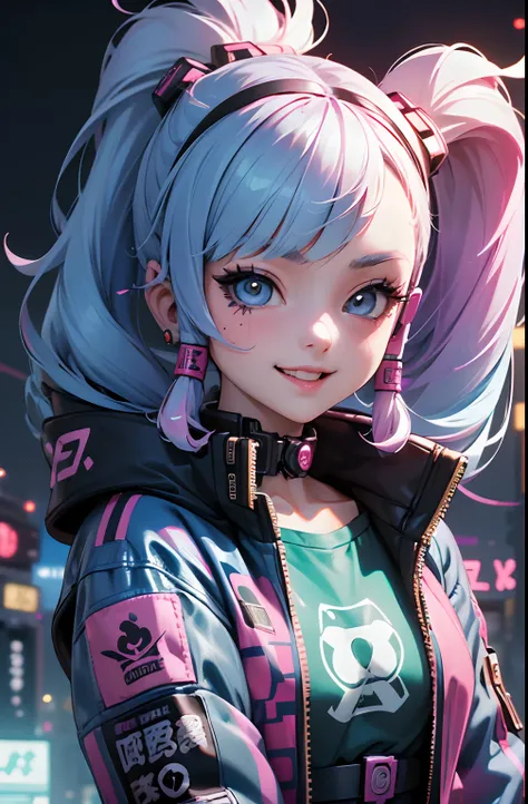 anime masterpiece, best quality, (((laughing teenaged cyberpunk girl ((wearing detailed harajuku tech jacket)) posing for portra...