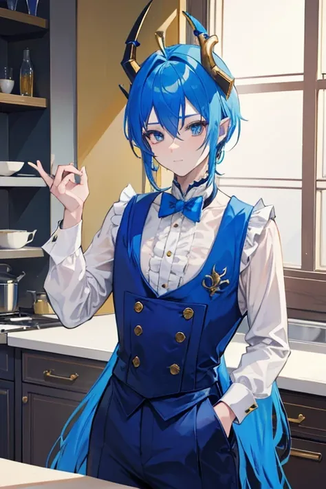 A blue haired dragon man with golden eyes and horns and a blue tail and blue skin is posing in the kitchen in a butlers outfit with a golden earring hanging off of his pointed ears.