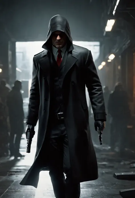 Generate a striking depiction of a 2077 AI hitman navigating a dusty and eerie world. Envision the hitman clad in a hooded cloak, strategically concealing broken parts to maintain an air of mystery. The cloak should be tattered and dust-laden, reflecting t...