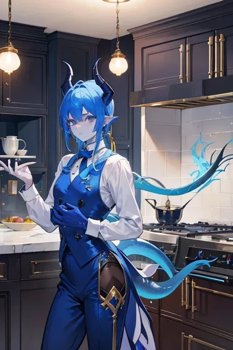 A blue skinned dragon man with golden eyes and blue hair and horns and a blue tail and blue skin is posing in the kitchen in a butlers outfit with a golden earring hanging off of his pointed ears.