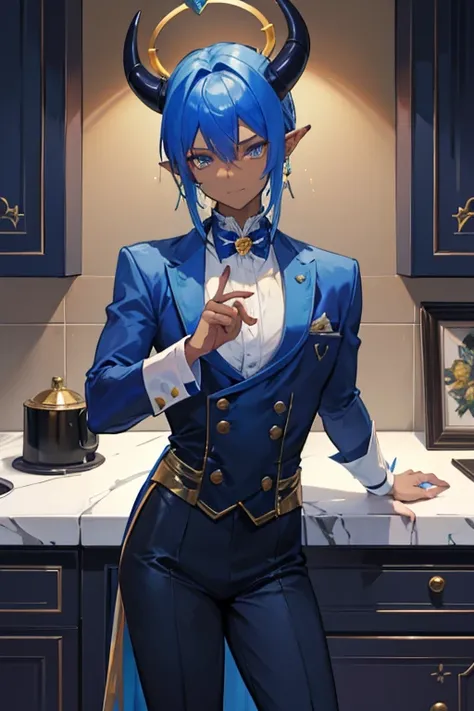 A  dark blue skinned dragon man with golden eyes and blue hair and horns and a blue tail and blue skin is posing in the kitchen in a butlers outfit with a golden earring hanging off of his pointed ears.