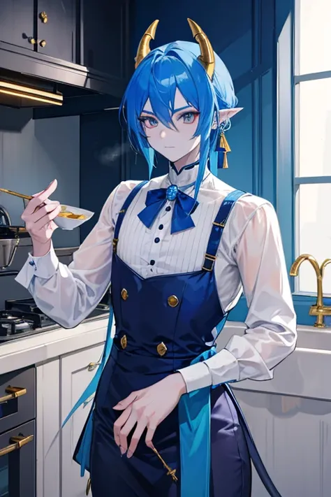 A blue skinned dragon male demon with golden eyes and blue hair and horns and a blue tail and blue skin is posing in the kitchen in a butlers outfit with a golden earring hanging off of his pointed ears.