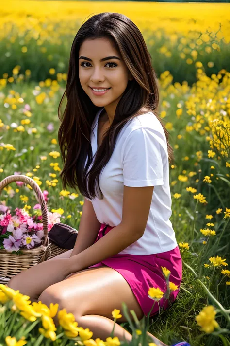 8k, highest quality, ultra details, hispanic girl, enjoying a picnic in a blooming flower field, surrounded by colorful blossoms...