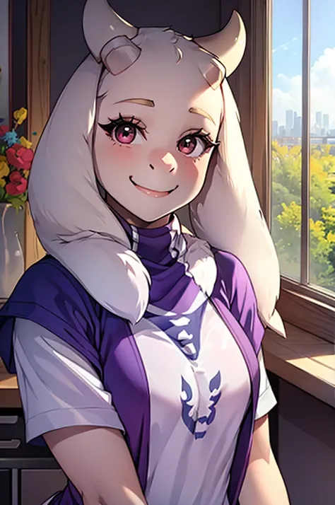 toriel, 1girl, furry, furry_female, goat_ears, goat_girl, indoors, smile, solo