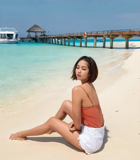 There was a woman sitting on the beach with the boat in the background., Pose on the beach with sea views, cindy avelino, Maldives in the background, Sit on the beach, Posing on the beach, gemma chen, wearing two - piece swimsuit, At a tropical beach, Near...