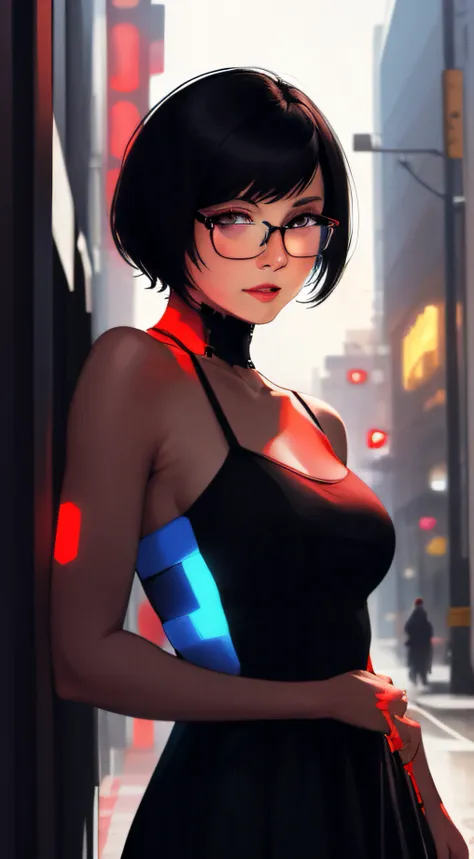 masterpiece, highest quality, realistic, subsurface scattering, chromatic lighting, colourful, black + white + red limited colour palette, detailed conceptual drawing, line art, illustration, cyberpunk,
60 years old woman, small breasts, black hair, Outgoi...