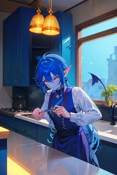 A blue skinned dragon male demon with golden eyes and blue hair and horns and a blue tail and blue skin is posing in the kitchen in a butlers outfit with a golden earring hanging off of his pointed ears.