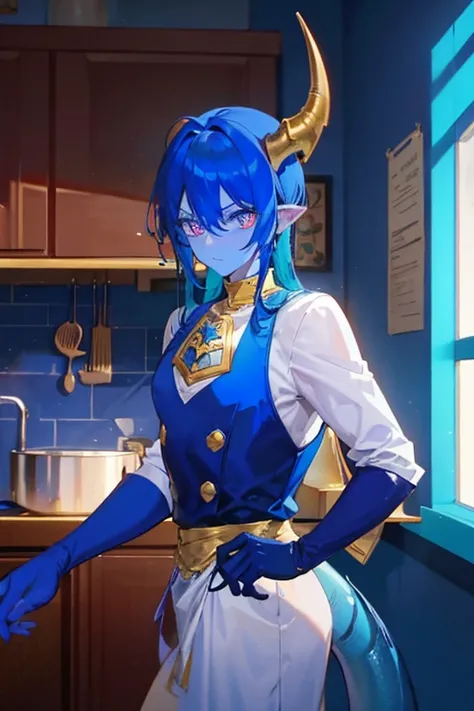 A blue skinned dragon man with golden eyes and blue hair and horns and a blue tail and and blue gloves is posing in the kitchen in a butlers outfit with a golden earring hanging off of his pointed ears.