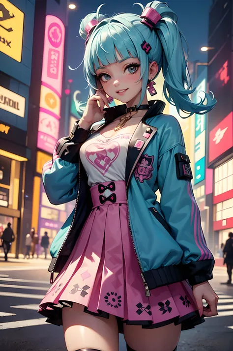 anime masterpiece, best quality, (((smiling teenaged cyberpunk girl ((wearing detailed harajuku tech jacket)), (((harajuku cyber...