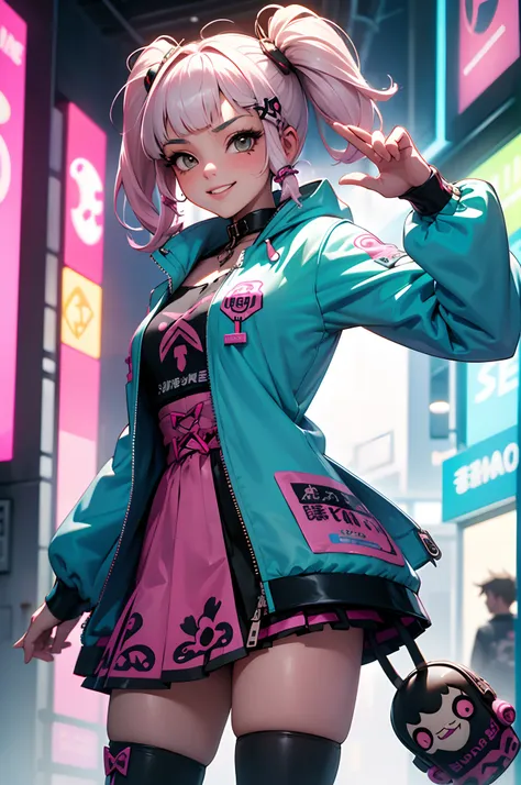 Anime masterpiece, best quality, (((smiling teenaged cyberpunk girl ((wearing detailed Harajuku tech jacket)), (((Harajuku cyberpunk clothing)))), (bold colors and patterns), eye-catching accessories, trendy and innovative hairstyle))), (cowboy shot), ((in...