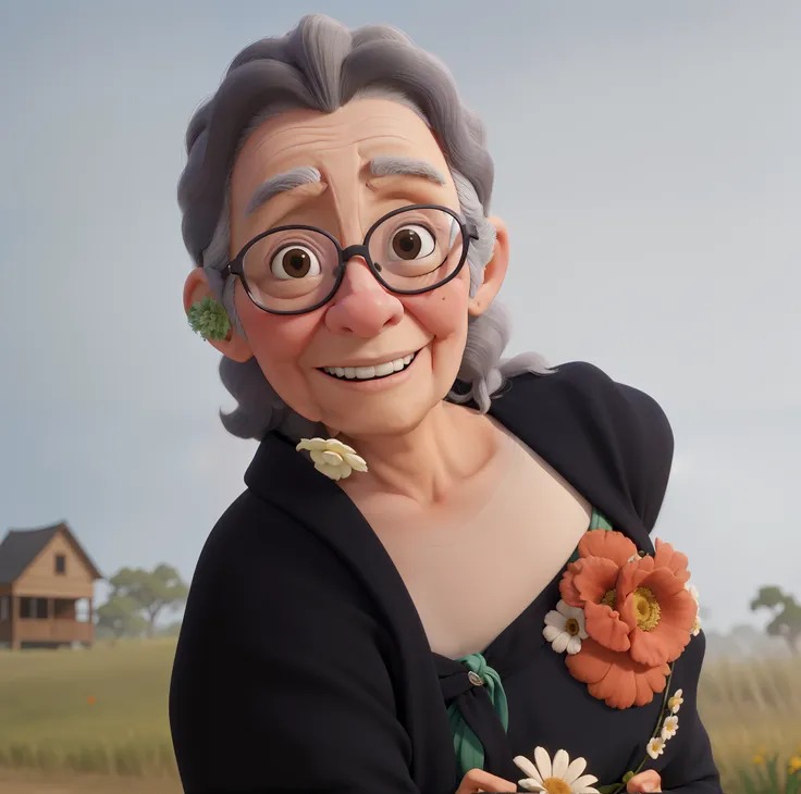 Obra-prima, de melhor qualidade, an elderly woman with glasses, cabelos grisalhos, vestido preto com flores vermelhas, Black chalet on the shoulders