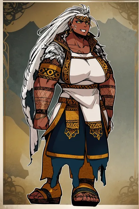 ebony skinned female with white dreadlocks, thicc, wearing tribal warrior outfit, full body