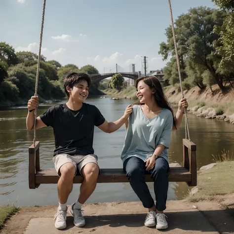 two happy friend (Boy and girl) bedrest on swing near river, cool wind