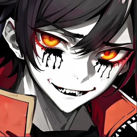 anime girl with blood on her eyes and a red cape, portrait gapmoe yandere grimdark, his eyes are bleeding intense, alucard, evil expression, l vampire, his eyes are red and glowing, devious evil expression, evil smirk, evil looking, [[[[grinning evily]]]],...