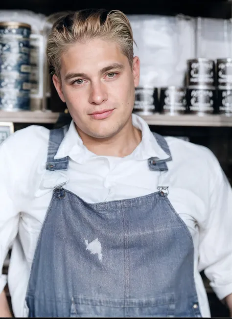 there is a man that is standing in front of a shelf, artist wearing overalls, Blue denim jumpsuit with blue straps, camisa branca, cabelo loiro e olhos azuis