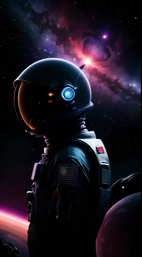 dark astronaut on a strange place, facing towards the camera, cosmic horror, crazy, epic, colorful, solo, alone,fear of the unknow, pscicologial thriler, cinematic, uncanny, back light, cosmic light, intimidating, surrealism