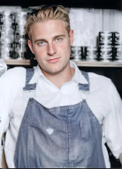 there is a man that is standing in front of a shelf, artist wearing overalls, Blue denim jumpsuit with blue straps, camisa branca, cabelo loiro e olhos azuis