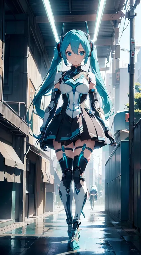 hatunemiku vocaloid, twintail, turquoise hair, mecha, 1girl, cyberpunk, realistic, mechanical parts, robot joints, headgear, ful...