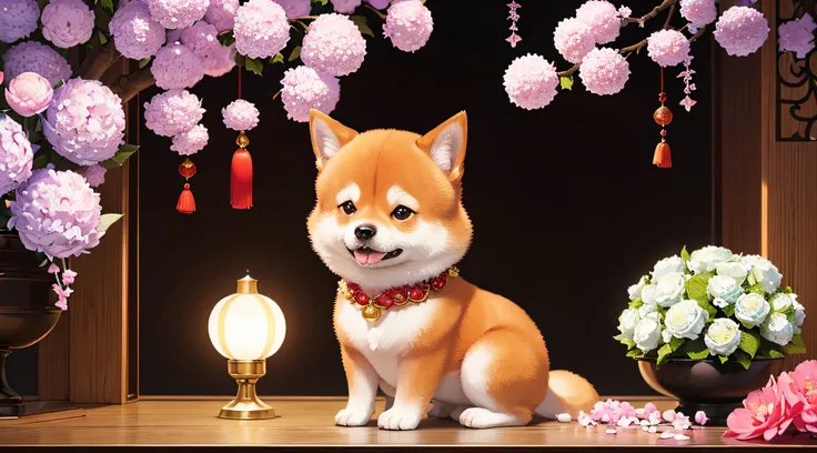 happy New Year,New Years wishes,A small Shiba Inu in a Tang costume,Festive atmosphere,hydrangea,Peony decoration,Chinese décor,Chinese style,Bright tones,hyper qualit,Super realistic,Lots of detail,Super creative,The beauty of composition,No words