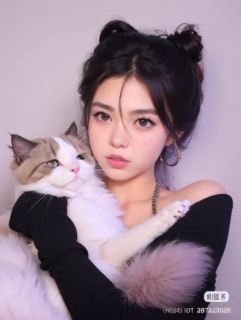 Araffe con una camisa negra y un gato blanco en sus brazos, Very beautiful cute catgirl, ulzzang, Beautiful young catgirl, Atractiva chica gato, Mujer / cat hybrid, Blanco ( gato ) girlish, Grandes mejillas sosteniendo a su gato, dilraba dilmurat, Human ca...