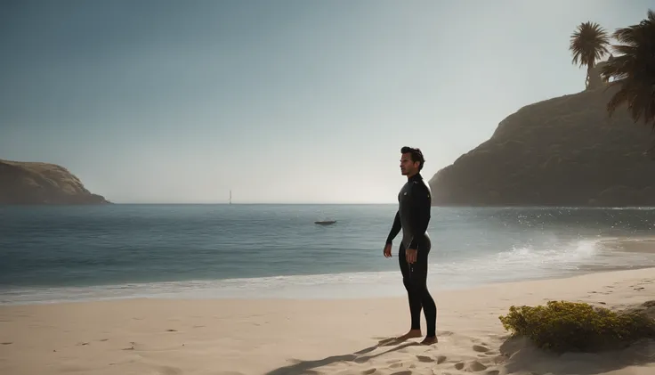 RAW, Masterpiece, Super Fine Photo, Ultra High Resolution, Photorealistic, Sunlight, Full Body Portrait, latino hispanic young man wearing a full body, black and yellow wetsuit, slight manly buldge, black hair with blonde highlights, ponytail cyberpunk hai...