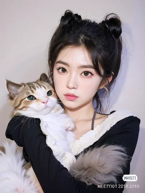 Araffe con una camisa negra y un gato blanco en sus brazos, Very beautiful cute catgirl, ulzzang, Beautiful young catgirl, Atractiva chica gato, Mujer / cat hybrid, Blanco ( gato ) girlish, Grandes mejillas sosteniendo a su gato, dilraba dilmurat, Human ca...