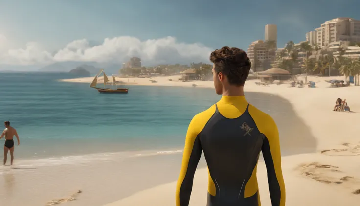 RAW, Masterpiece, Super Fine Photo, Ultra High Resolution, Photorealistic, Sunlight, Full Body Portrait, latino hispanic young man wearing a full body, black and yellow wetsuit, slight manly buldge, black hair with blonde highlights, ponytail cyberpunk hai...