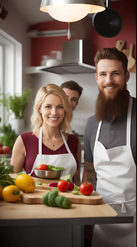 There are two people in a kitchen with a cutting board, Kochsendung, Profilbild, Smiling couple, in a kitchen, portrait shot, Happy cook, wearing a apron, Profilbild, Werbefoto, Lebensmittel kommerziell 4 K, Millaise und Greg Rutkowski, in the kitchen, Leb...