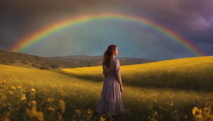 vasta foto de paisagem, (vista de baixo, the sky is above and the open field is below), a girl standing on a flower field lookin...