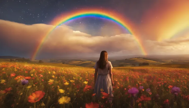 vasta foto de paisagem, (vista de baixo, the sky is above and the open field is below), a girl standing on a flower field lookin...