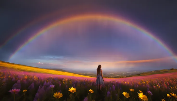 Vasta foto de paisagem, (vista de baixo, The sky is above and the open field is below), a girl standing on a flower field looking up, (lua cheia: 1.2), (meteoro: 0.9), (nebulosa: 1.3), montanhas distantes, Árvores BREAK Crafting Art, (Luz Quente: 1.2), (Va...