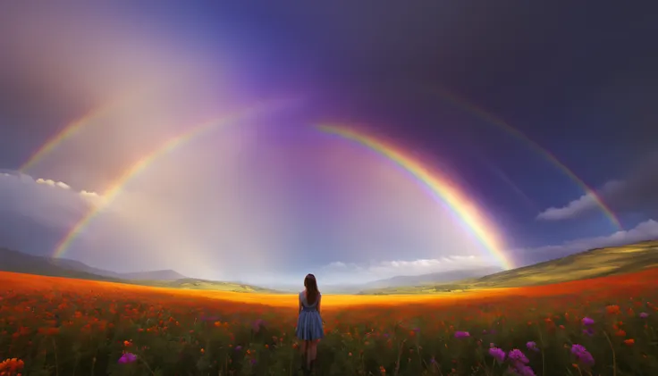 Vasta foto de paisagem, (vista de baixo, The sky is above and the open field is below), a girl standing on a flower field looking up, (lua cheia: 1.2), (meteoro: 0.9), (nebulosa: 1.3), montanhas distantes, Árvores BREAK Crafting Art, (Luz Quente: 1.2), (Va...