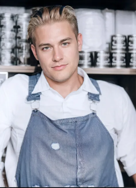 there is a man that is standing in front of a shelf, artist wearing overalls, Blue denim jumpsuit with blue straps, camisa branca, cabelo loiro e olhos azuis