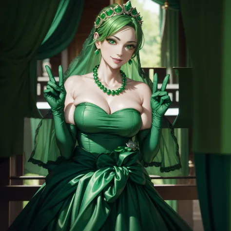 emerald tiara, Green Pearl Necklace, Boyish very short green hair, lipsticks, Japan woman smiling, very short short hair,  big breasts beautiful, Green eyes, Long green gloves made of satin material, Green eyes, Emerald Earrings, green vale, v sign