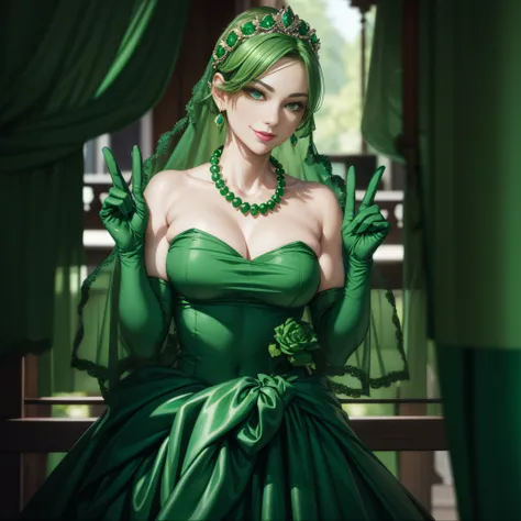 emerald tiara, Green Pearl Necklace, Boyish very short green hair, lipsticks, Japan woman smiling, very short short hair,  big breasts beautiful, Green eyes, Long green gloves made of satin material, Green eyes, Emerald Earrings, green vale, v sign