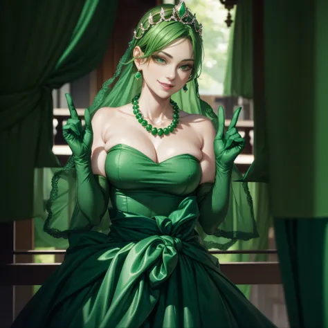 emerald tiara, Green Pearl Necklace, Boyish very short green hair, lipsticks, Japan woman smiling, very short short hair,  big breasts beautiful, Green eyes, Long green gloves made of satin material, Green eyes, Emerald Earrings, green vale, v sign