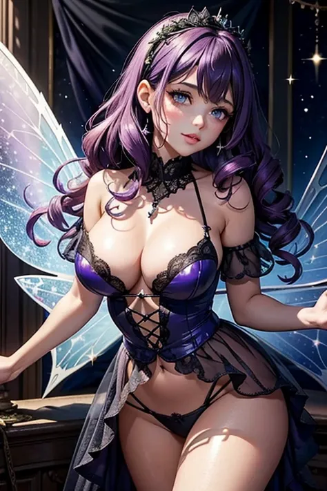 A Fairy, Cristal Wings , fairy wings , Dark and Purple Hair , blushing face , (Best quality:1.1), (Masterpiece:1.4), 1fille, (cheveux volumineux)+ , ((curly hair))++, cheveux longs , (Yeux Bleux) , Cheveux courts, gros seins, gros seins , (big lips)+ , Bas...