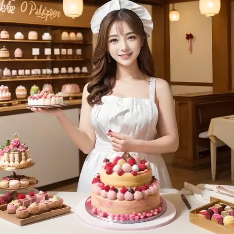 (((Masterpiece、top-quality、Highly complex and detailed depictions)))、1 Japan Beauty、(patissier:1.5)、Cake shop、The biggest smile looking at the camera、Big、Making a fruit cake