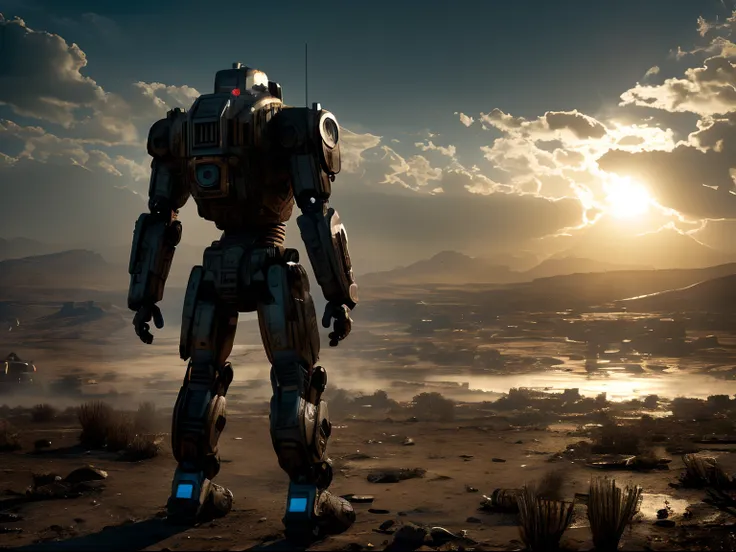 Film still action movie High-Speed Photography: A humanoid robotic sentinel patrolling a dystopian wasteland, its sensors scanning for life. Tight focus on the sensor array, against a backdrop of desolation. Lit by the harsh glare Of a post-apocalyptic sun...