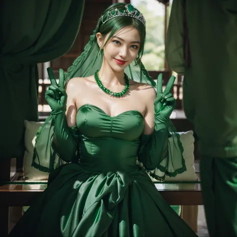 emerald tiara, Green Pearl Necklace, Boyish very short green hair, lipsticks, Japan woman smiling, very short short hair,  big breasts beautiful, Green eyes, Long green gloves made of satin material, Green eyes, Emerald Earrings, green vale, v sign