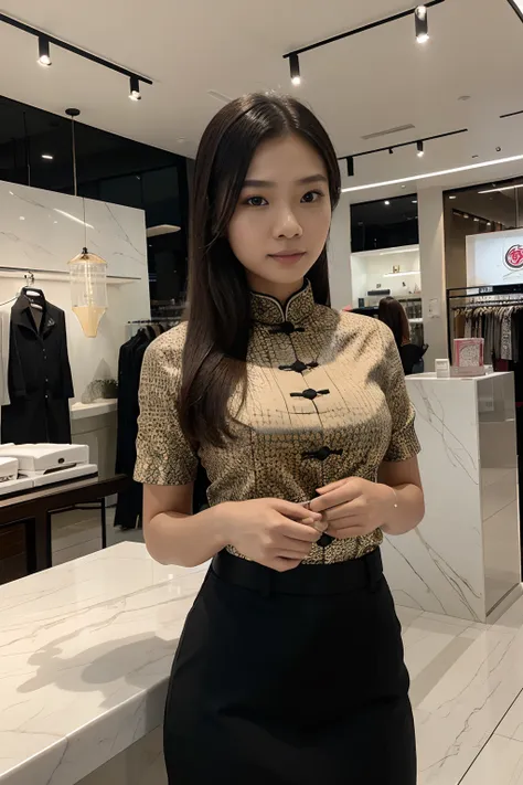 8k, highest quality, ultra details, chinese-indonesian girl, store employee, professional attire, welcoming gesture, modern inte...