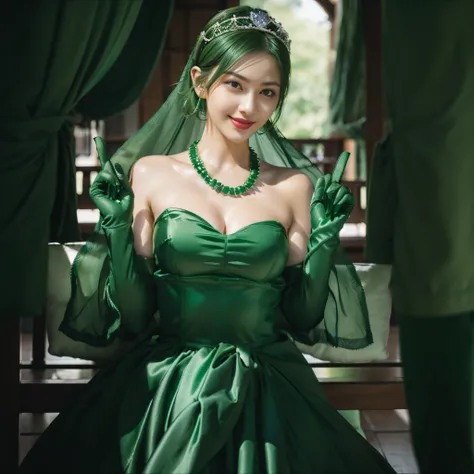 emerald tiara, Green Pearl Necklace, Boyish very short green hair, lipsticks, Japan woman smiling, very short short hair,  big breasts beautiful, Green eyes, Long green gloves made of satin material, Green eyes, Emerald Earrings, green vale, v sign