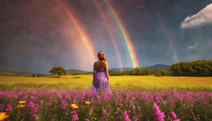 Vasta foto de paisagem, (vista de baixo, The sky is above and the open field is below), a girl standing on a flower field looking up, (lua cheia: 1.2), (meteoro: 0.9), (nebulosa: 1.3), montanhas distantes, Árvores BREAK Crafting Art, (Luz Quente: 1.2), (Va...