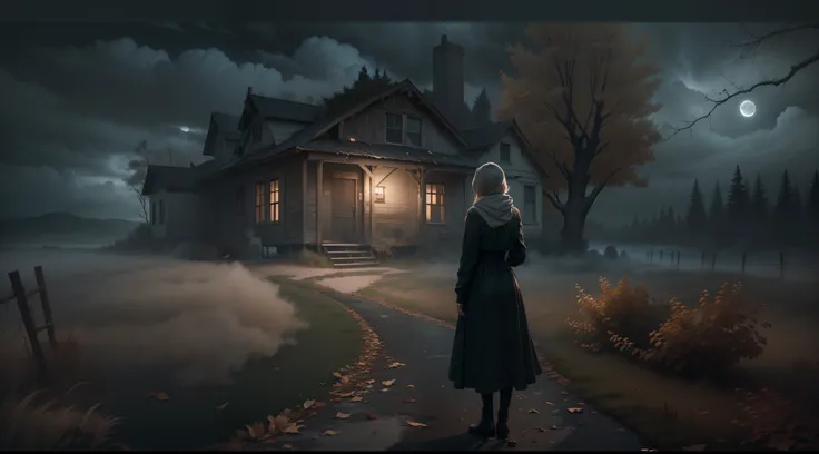 realistic photo of an old and abandoned house, create a cold and dark night, broken stone road, old fences, poor lighting, old trees with dry branches, dry leaves on the ground, fog, heavy clouds, small moon in the sky, old poles lighting and a girl in a b...