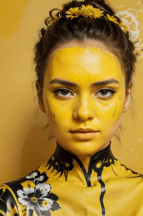 A girl portrait with yellow paint on its face, a flower with yellow paint on it, inspired by Sandra Chevrier, modern european ink painting, martin ansin, album, drip, yellow and black color scheme, nicolas delort. highly detailed, on a yellow canva, ochre,...