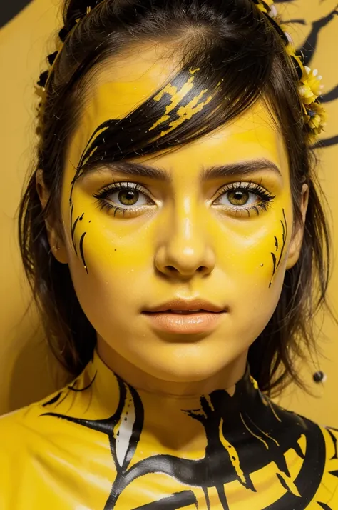 A girl portrait with yellow paint on its face, a flower with yellow paint on it, inspired by Sandra Chevrier, modern european ink painting, martin ansin, album, drip, yellow and black color scheme, nicolas delort. highly detailed, on a yellow canva, ochre,...