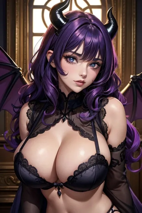 A girl, Demon Horns ,Demon Wings , Dragon wings, Dark and Purple Hair , Black laceBody, blushing face , (Best quality:1.1), (Masterpiece:1.4), 1fille, (cheveux volumineux)+ , ((curly hair))++, cheveux longs , (Yeux Bleux) , Cheveux courts, gros seins, gros...