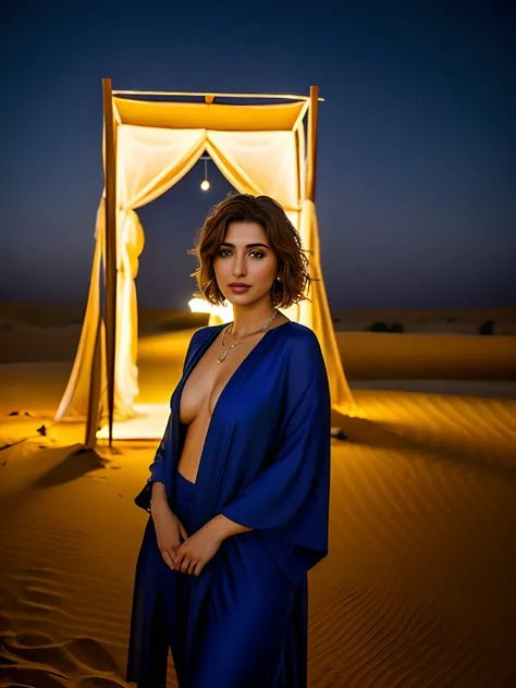 0k, RAW photo, best quality, masterpiece: 1.2), (realistic, photorealistic: 1.37), A 21 years Turkish Beautiful woman, her hair short bob hair, naked, at sahara Desert Nightscape , Arabic camp, Near Nissan Parol Jeep, Mehwish Hayat,Bokeh